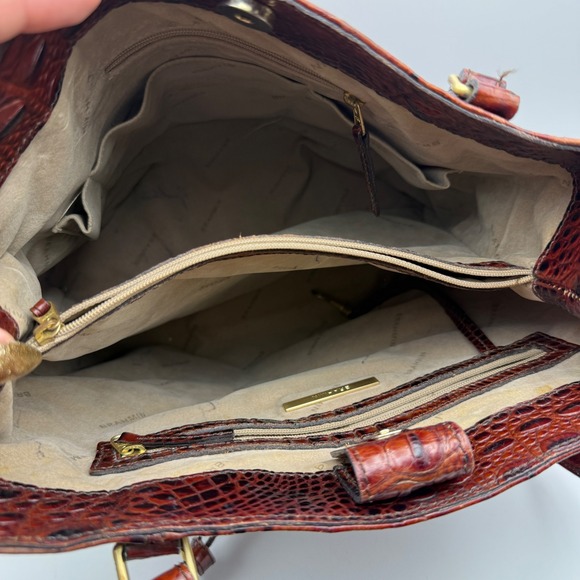 Brahmin Croc Embossed Leather Tote Bucket Bag Brown Chestnut Gold Hardware - Picture 6 of 11